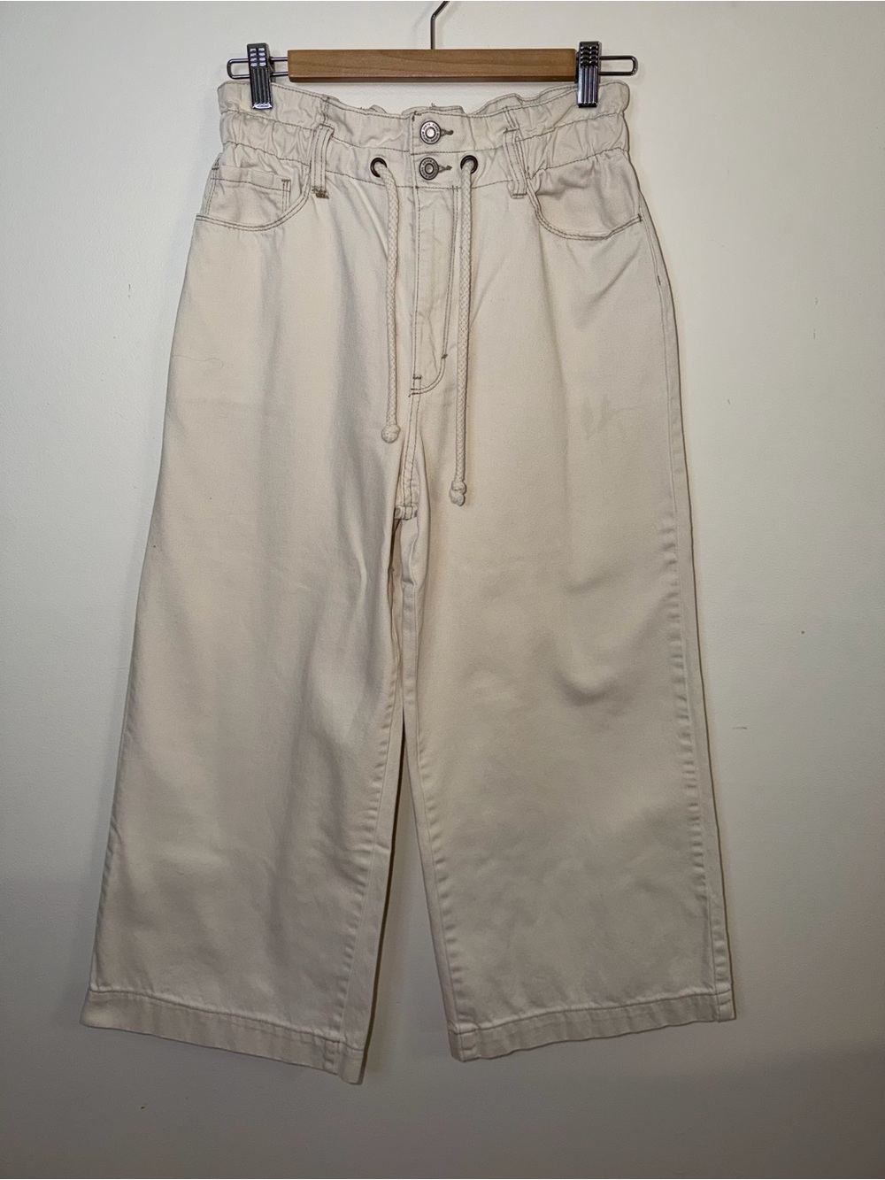 Wide Leg Drawstring High-Waist Jeans - Cream, Size 6/28